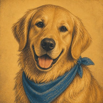 portrait of a golden retriever wearing a blue bandana, warm plain backdrop, no text
