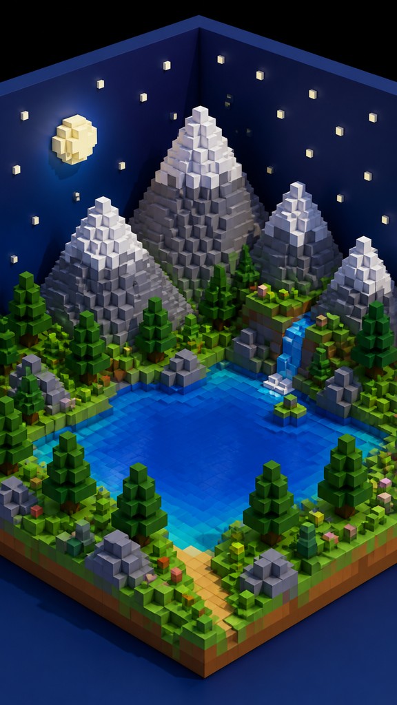 a tranquil mountain lake beneath a starry night sky, no people, no text
