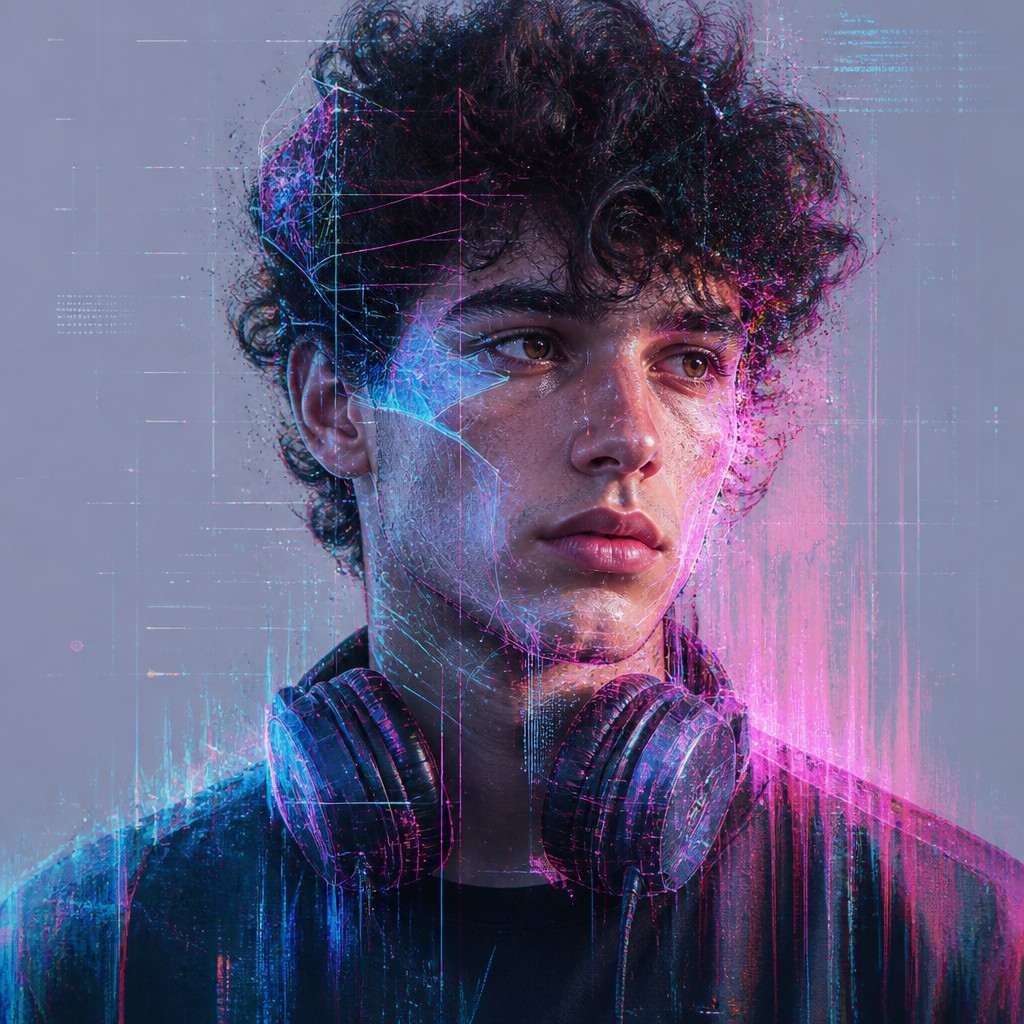 head-and-shoulders portrait of an original character: a young man with curly dark hair and headphones around his neck, plain backdrop, no text