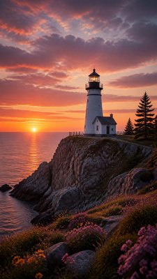 a lone lighthouse on a cliff at dusk under a dramatic sky, no text or lettering