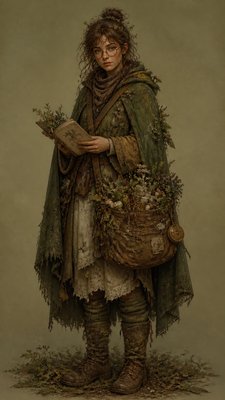 full-body original character: a wandering botanist with a satchel of plants, a patched green cloak, tall boots and round glasses, neutral background