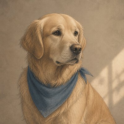 portrait of a golden retriever wearing a blue bandana, warm plain backdrop, no text