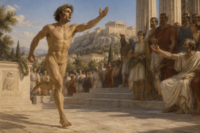an ancient greek ignudi marathon runner with a laurel wreath runs to announce a victory to the citizens of Athens