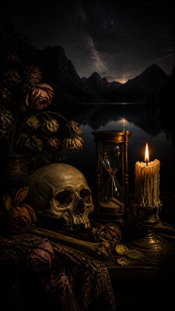 a tranquil mountain lake beneath a starry night sky, no people, no text