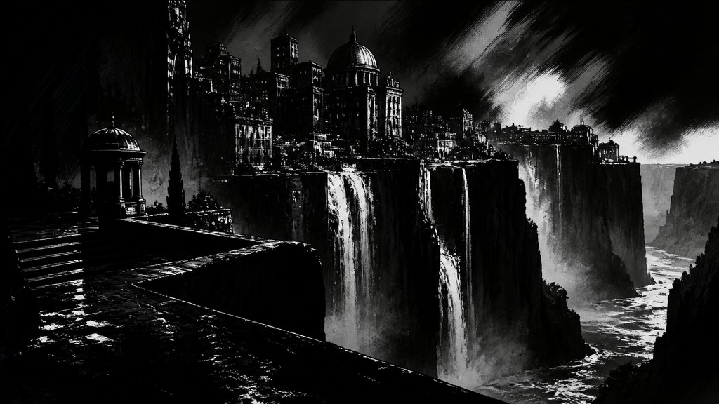 a cliffside city with waterfalls cascading into a misty canyon, wide establishing shot, no people, no text
