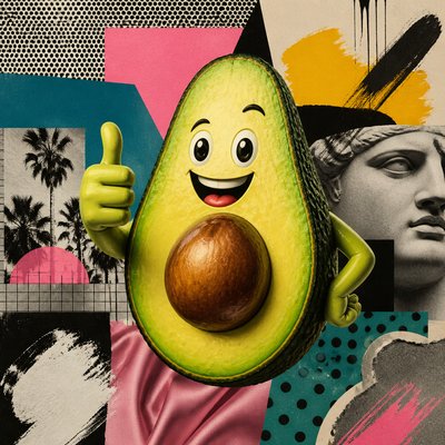 a happy avocado character giving a thumbs up, bold readable design on a plain background, no text