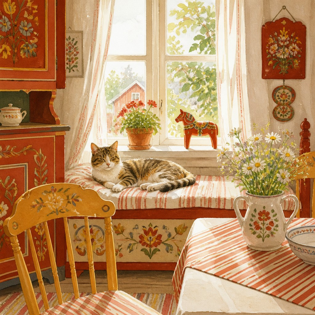 a cat lounging in a sunlit window — Swedish Art Style