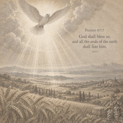 Psalms 67:7 (KJV)
God shall bless us; and all the ends of the earth shall fear him. (Let's use a dove and divine light to represent the outpouring of blessing upon rich fields and include the verse in the image.)




