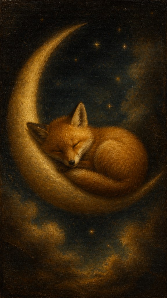 a sleeping baby fox curled on a crescent moon among soft stars, gentle and warm, no text