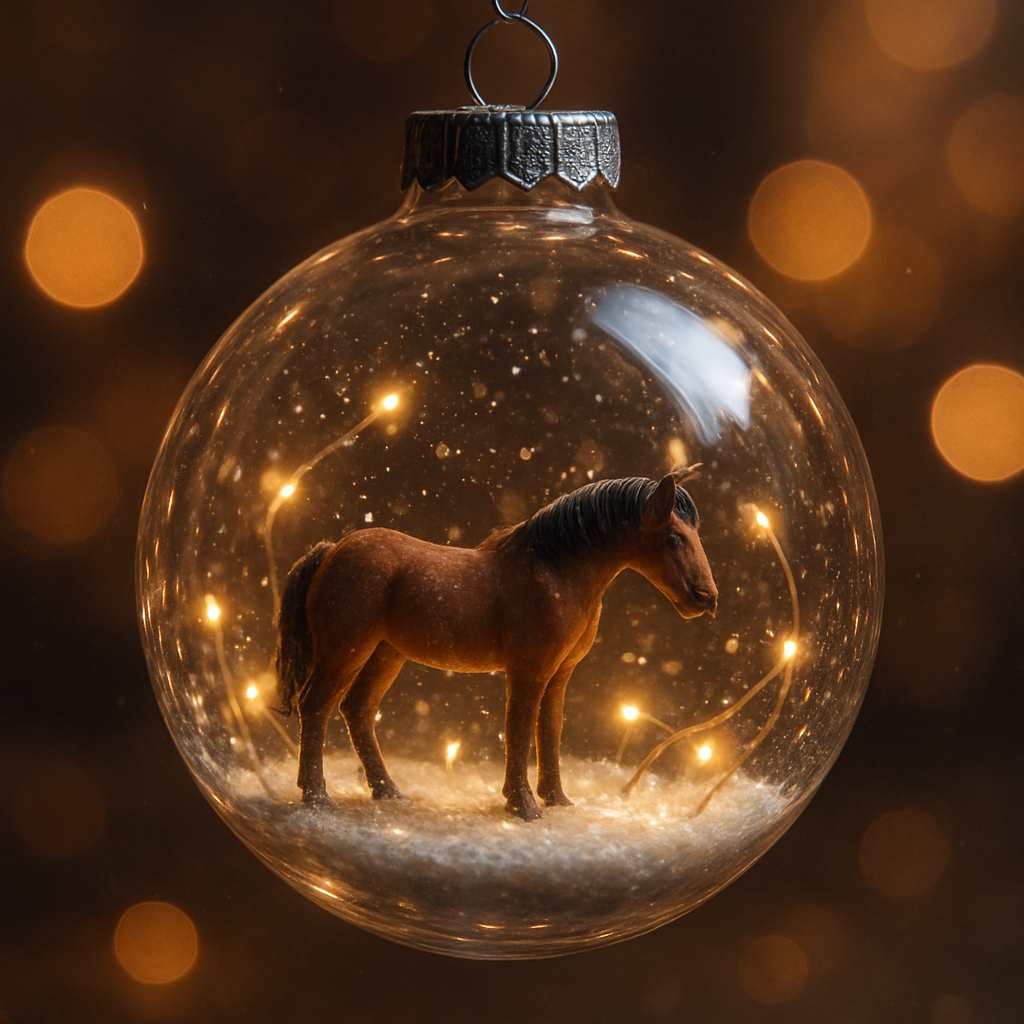 Tiny Horse Inside a Glass Ornament
a clear glass christmas ornament containing a miniature horse scene, glowing fairy lights, gentle snowfall particles inside, hyper-detailed reflections, delicate glass texture, whimsical fantasy realism, dreamy warm lighting, bokeh background