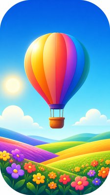 a hot air balloon drifting over rolling flower fields on a sunny day, cheerful, no text