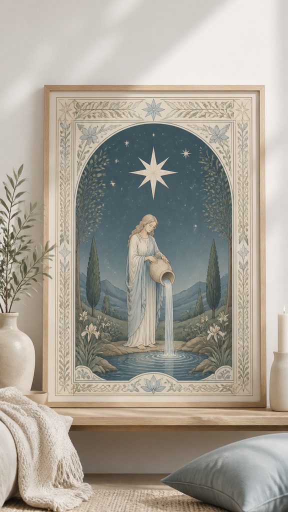 a robed figure pouring water beneath a large eight-pointed star in a night sky, symmetrical composition with an ornate decorative border, no text