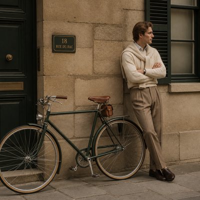 bicyle resting against a wall — Old Money Fashion Style