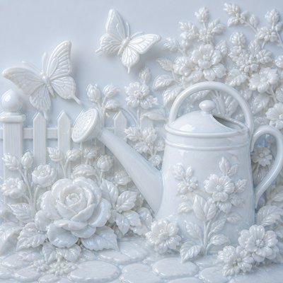 a garden scene with butterflies, flowers and a watering can, clean uncolored line art, no text