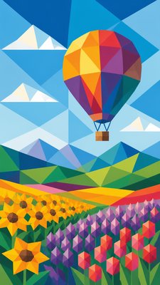 a hot air balloon drifting over rolling flower fields on a sunny day, cheerful, no text