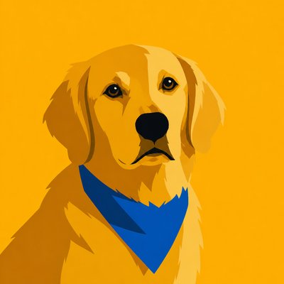 portrait of a golden retriever wearing a blue bandana, warm plain backdrop, no text