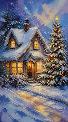 a snow-covered cottage with warm glowing windows beside a decorated pine tree, gentle snowfall, no text