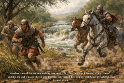 “If thou hast run with the footmen, and they have wearied thee, then how canst thou contend with horses? and if in the land of peace, wherein thou trustedst, they wearied thee, then how wilt thou do in the swelling of Jordan?” (Jeremiah 12:5, KJV)
