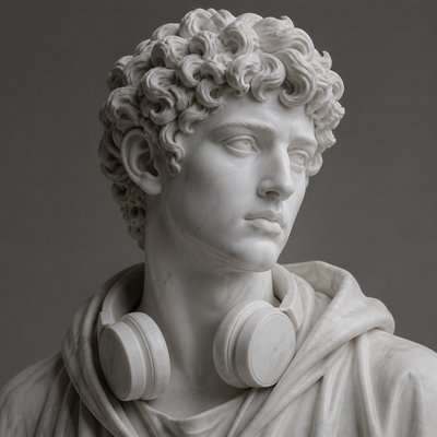 head-and-shoulders portrait of an original character: a young man with curly dark hair and headphones around his neck, plain backdrop, no text