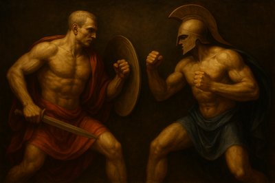 a painting of two men fighting with each other