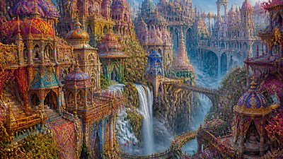 a cliffside city with waterfalls cascading into a misty canyon, wide establishing shot, no people, no text