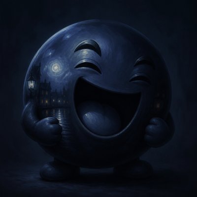 an exaggerated laughing face of an original round mascot character, bold and readable at small size, plain background, no text