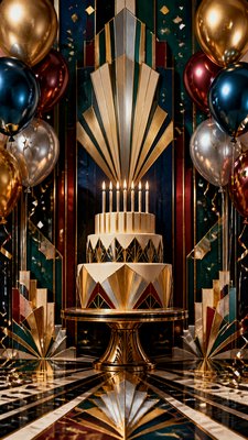 a birthday cake with lit candles surrounded by balloons and confetti, festive vertical composition, no text