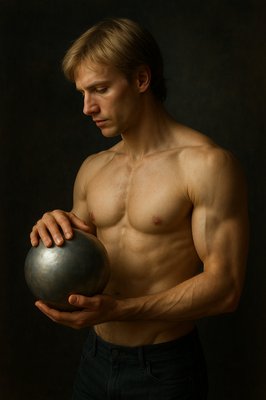 a man holding a metal ball in his hands