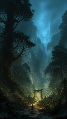 a mysterious forest path with fireflies and drifting mist, atmospheric vertical composition with open space at the top, no text