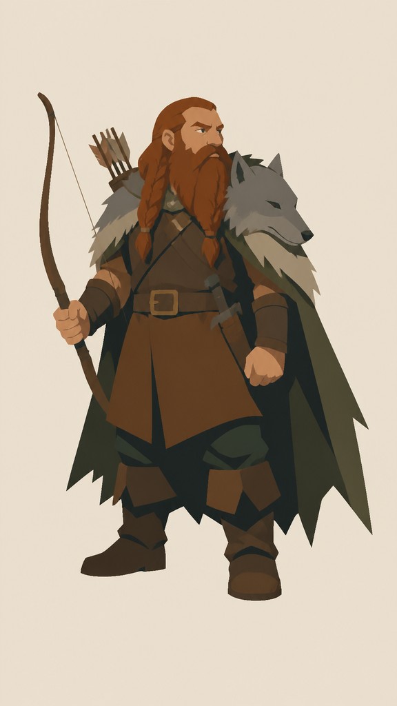 full-body original character: a dwarven ranger with a braided auburn beard, worn leather armor, a longbow and a wolf-pelt cloak, neutral background, no text