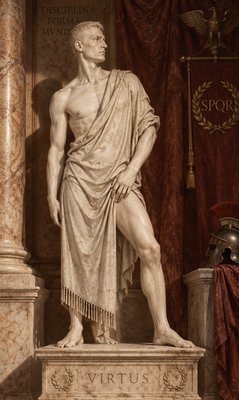 a statue of a man standing next to a pillar
