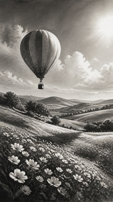 a hot air balloon drifting over rolling flower fields on a sunny day, cheerful, no text
