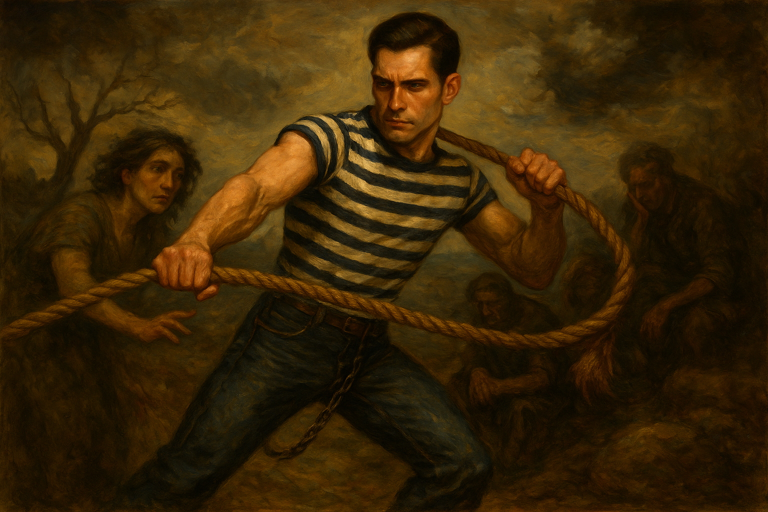 a painting of a man holding a rope