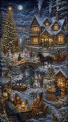 a snow-covered cottage with warm glowing windows beside a decorated pine tree, gentle snowfall, no text