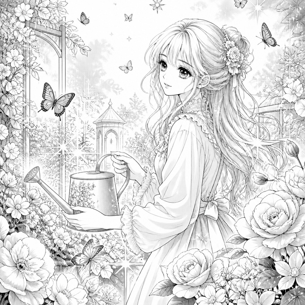 a garden scene with butterflies, flowers and a watering can, clean uncolored line art, no text
