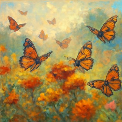 Butterflies migrating in a meadow in the morning, enjoying a light breeze as they lite upon fall flowers.