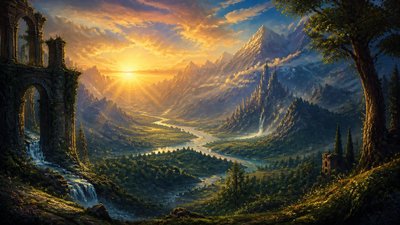 a vast valley with a river winding toward distant mountains at sunrise, no people, no text