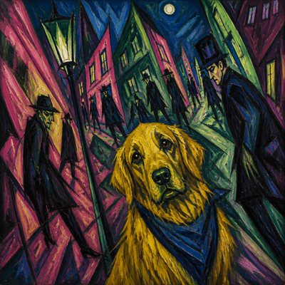 portrait of a golden retriever wearing a blue bandana, warm plain backdrop, no text
