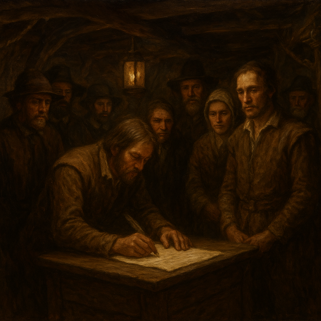 A historically accurate and atmospheric depiction of the signing of the Mayflower Compact aboard the ship in November 1620. The scene is set in the dimly lit, cramped cabin of the Mayflower, with the ship's timbers and rigging subtly visible, conveying the challenging conditions of the voyage. A simple table or chest serves as the signing surface. The primary focus is on a small group of the last individuals signing the document: specifically, the indentured servants (or 'strangers' not directly part of the Separatist congregation) approaching or at the table. Their expressions show a mix of weary determination, understanding of the necessity, and perhaps a hint of quiet apprehension or resignation to this new social contract, given their status. They are dressed in the plain, practical clothing typical of 17th-century commoners and laborers. Figures of prominent Pilgrims or 'Saints' (like William Bradford or John Carver) are visible in the background, observing the proceedings with a sense of gravity and leadership, but they are not the central focus. The lighting is low and warm, perhaps from a lantern, creating a chiaroscuro effect that highlights the faces of the signers. The atmosphere conveys the momentousness of the act under difficult circumstances, the diverse composition of the group, and the early seeds of self-governance in a new world. The artistic style is a realistic, historically detailed oil painting, capturing the solemnity and human element of this pivotal historical moment."
