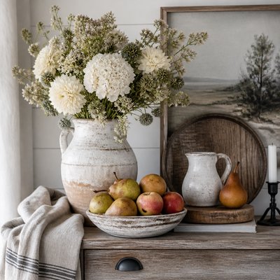 still life arrangement of fruits and flowers