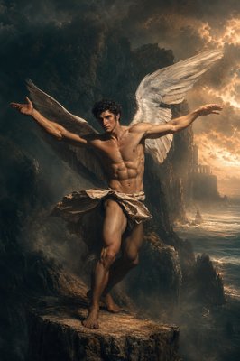 a painting of a man with wings standing on a cliff