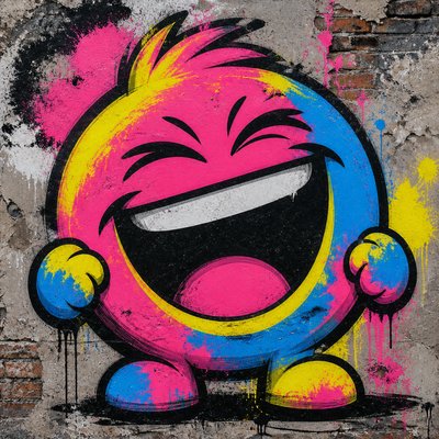 an exaggerated laughing face of an original round mascot character, bold and readable at small size, plain background, no text