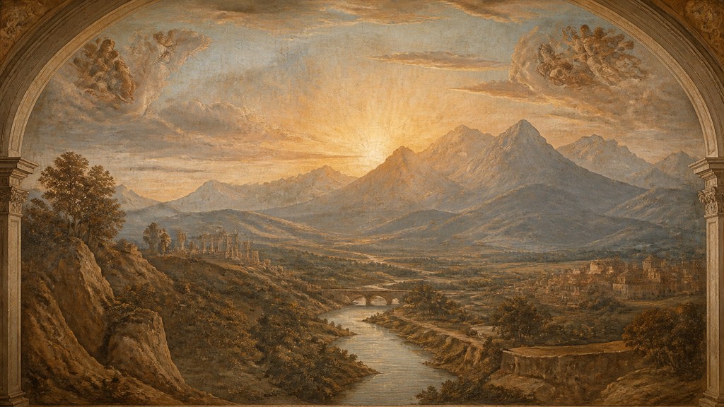 a vast valley with a river winding toward distant mountains at sunrise, no people, no text