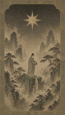 a robed figure pouring water beneath a large eight-pointed star in a night sky, symmetrical composition with an ornate decorative border, no text