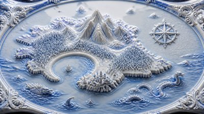 a map of an island realm with mountains, forests, a sheltered bay, sea monsters in the water and a compass rose, no text labels