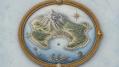 a map of an island realm with mountains, forests, a sheltered bay, sea monsters in the water and a compass rose, no text labels