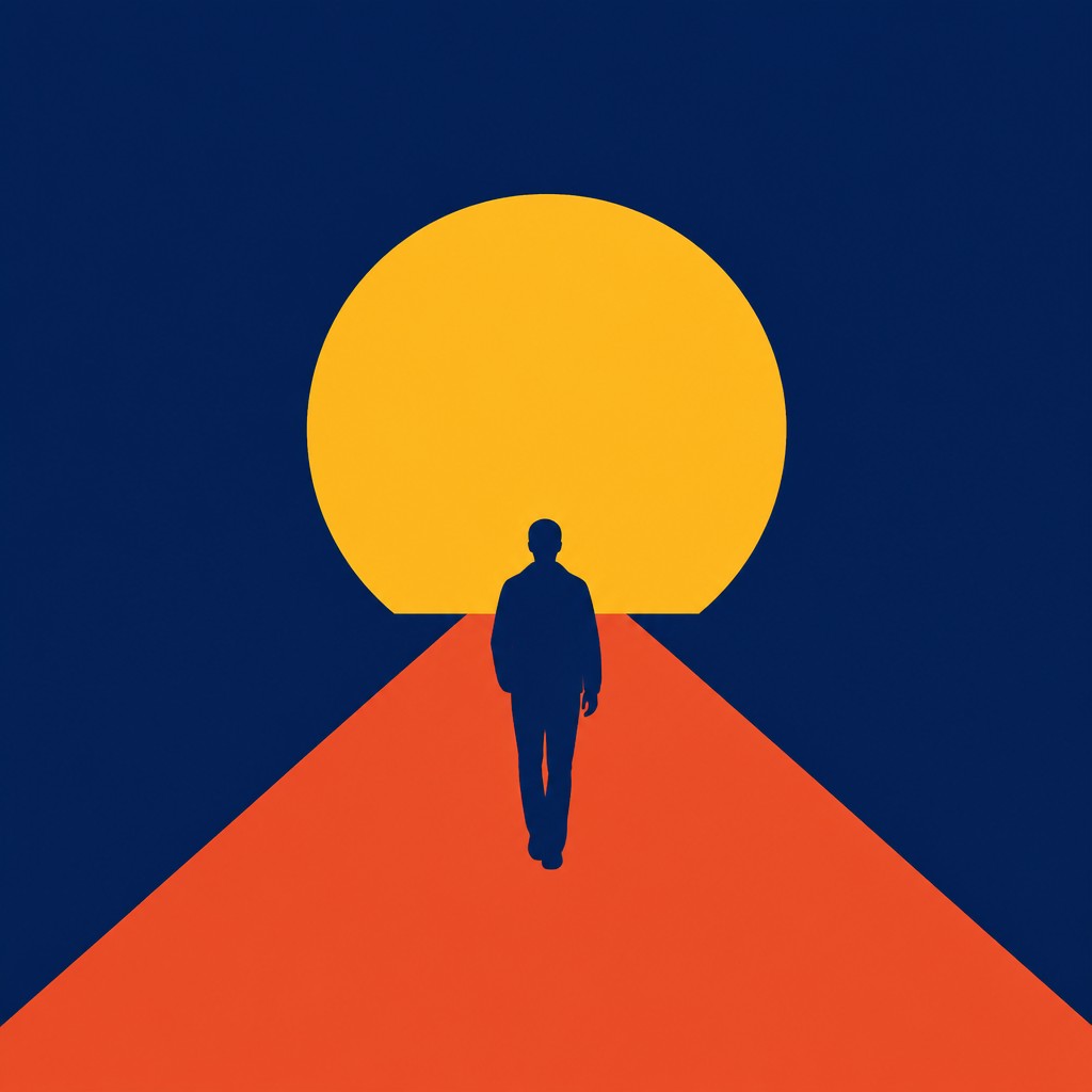 a solitary figure walking toward a glowing horizon across an empty plain, moody atmosphere, no text or lettering