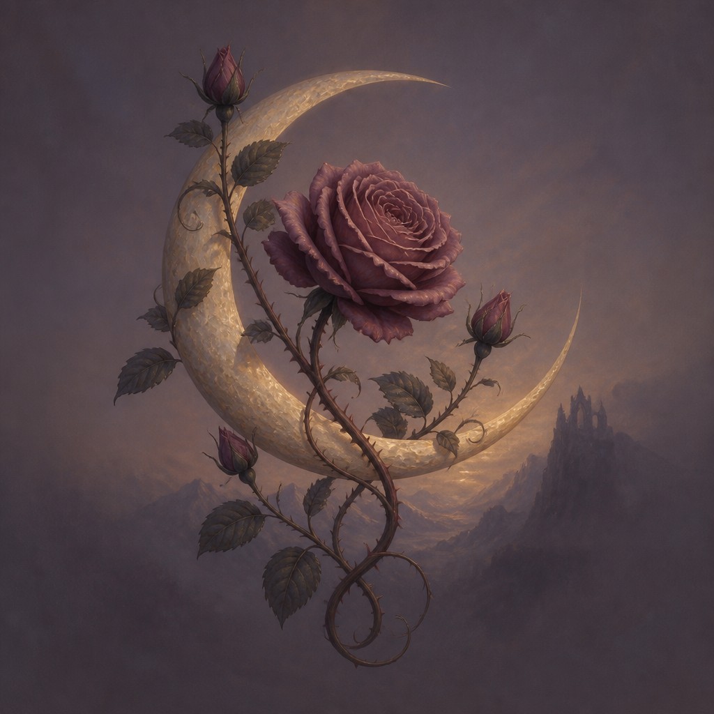a rose entwined with a crescent moon, clean balanced composition on a plain background, no text