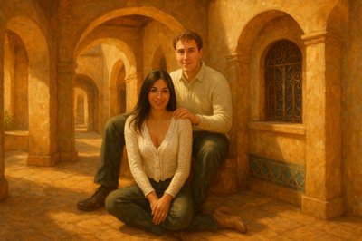 a painting of a man and a woman sitting on the ground