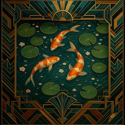 A koi pond seen from above, orange and white koi fish swimming among lily pads, clear water with subtle ripples, fallen cherry blossom petals floating on the surface, dappled sunlight